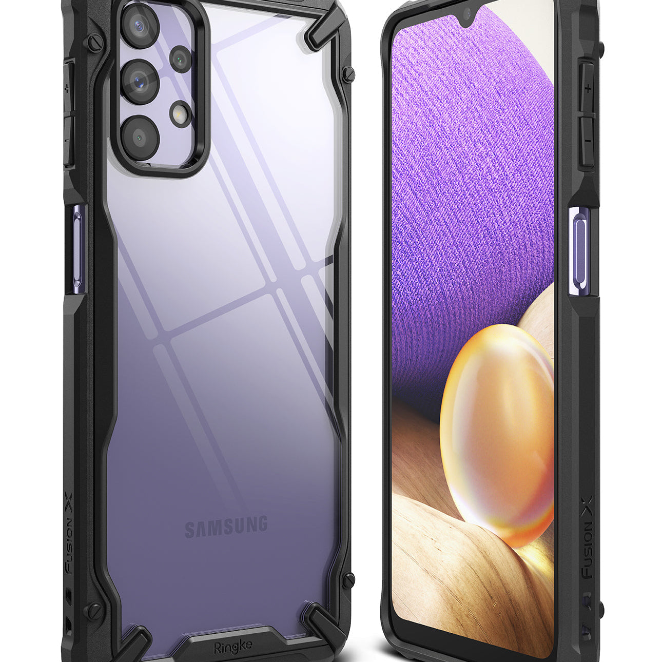 Galaxy A32 5G Case | Fusion-X - Black rugged protective case with clear back panel shown from front and back angles.