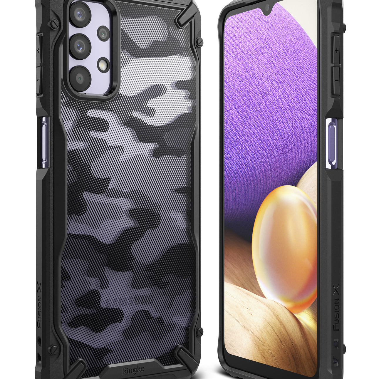Galaxy A32 5G Case | Fusion-X - Black rugged phone case with camo back and front view showing a colorful abstract screen.