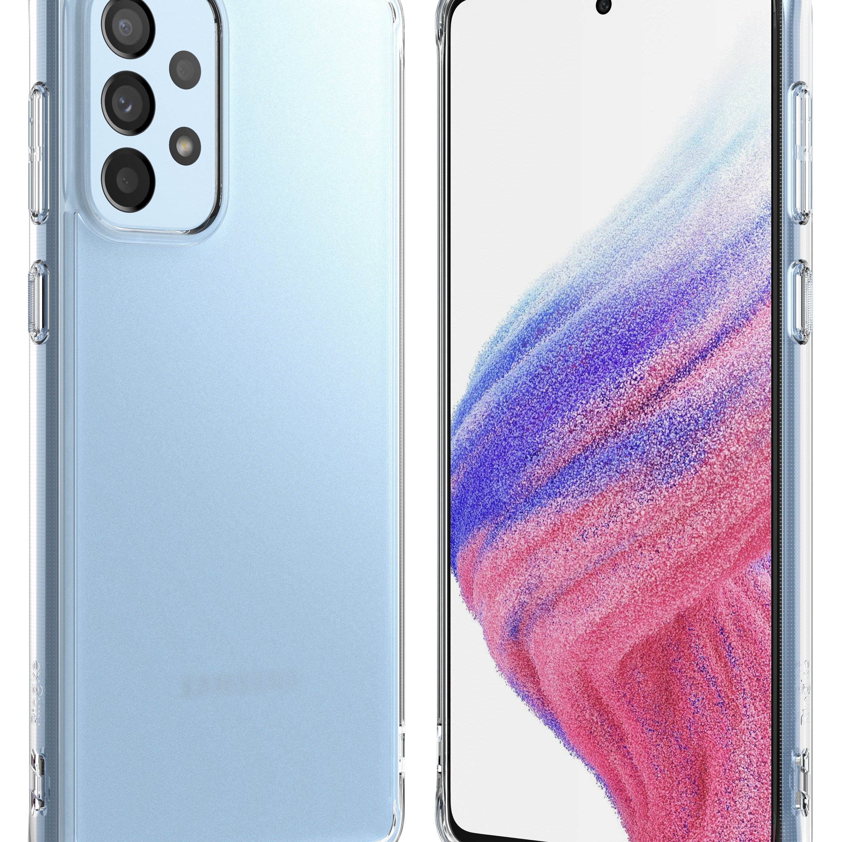 Galaxy A53 5G Case | Fusion - Front and back views of a light blue Samsung phone inside a clear protective case.