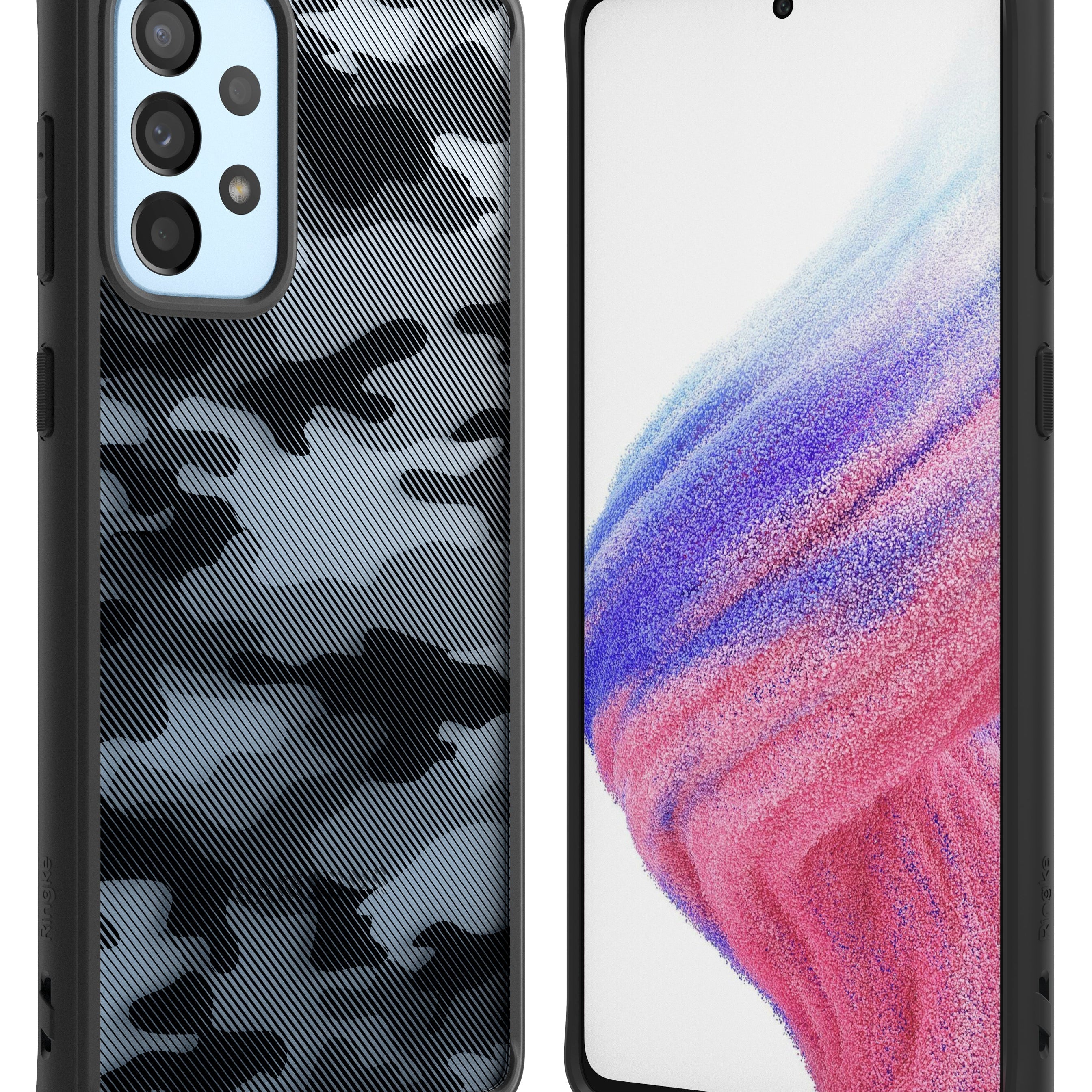 Galaxy A53 5G Case | Fusion - Black camouflage phone case shown from back and front views on a white background.