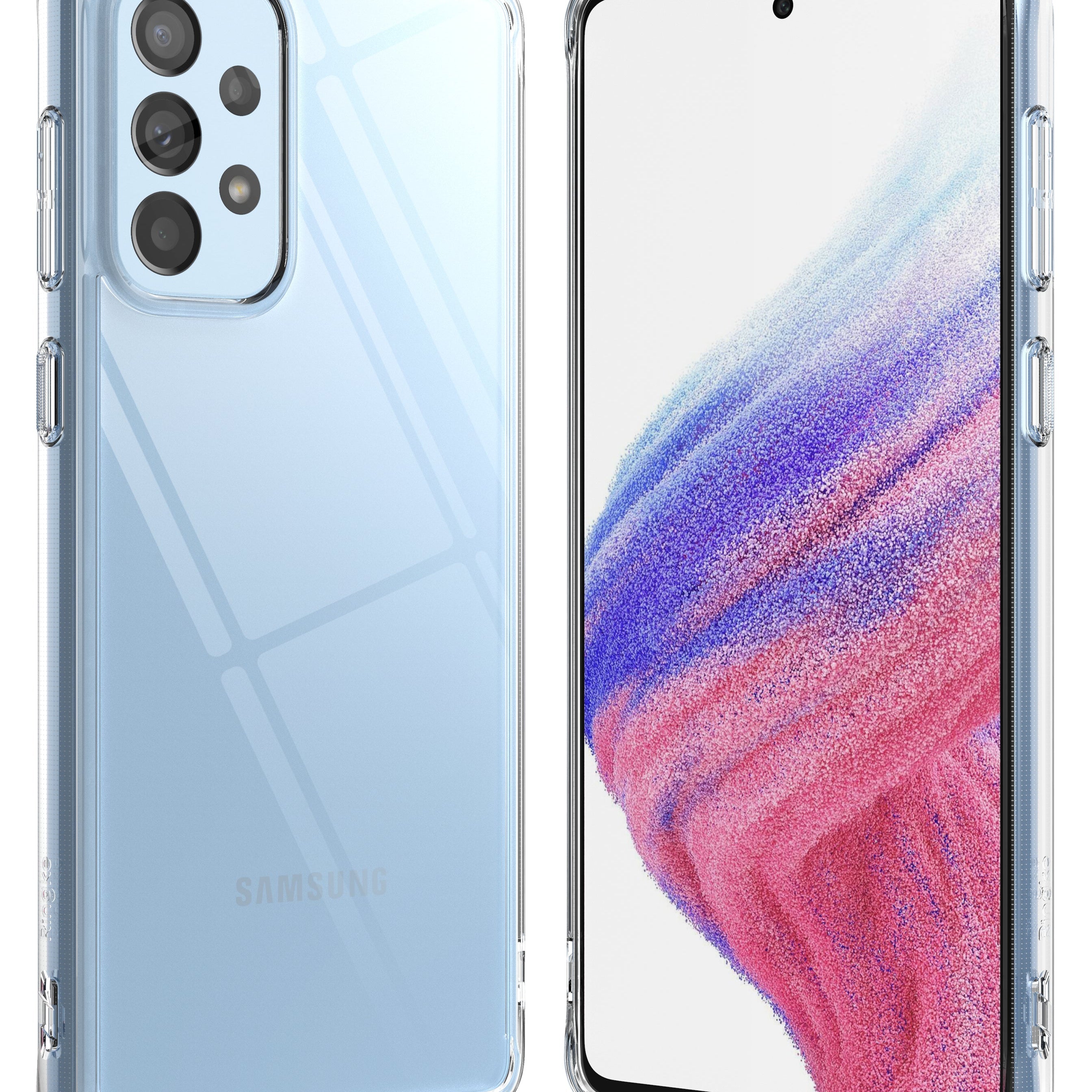 Galaxy A53 5G Case | Fusion - Clear protective case on a light blue Samsung Galaxy A53 5G, showing front and back views.
