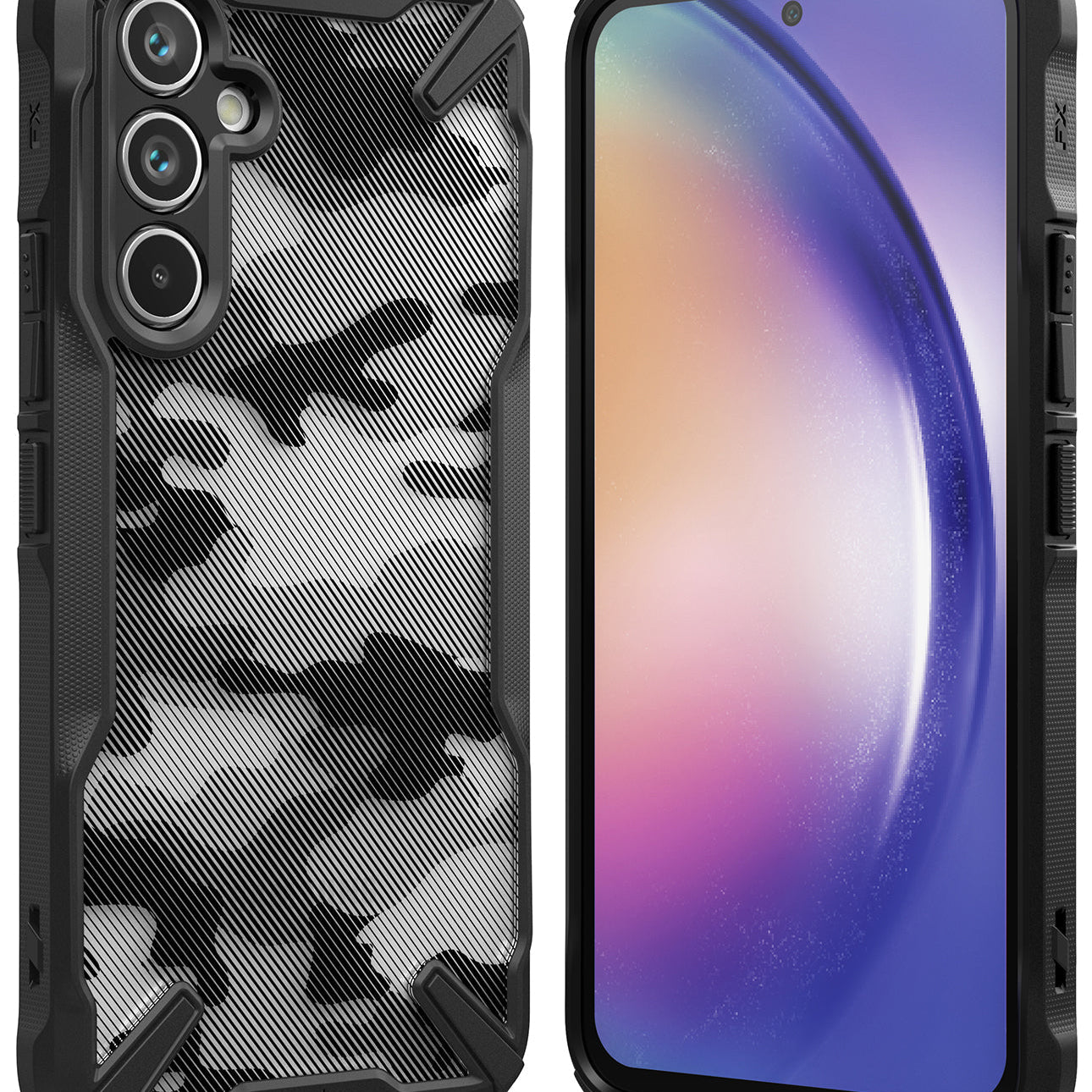 Galaxy A54 Case | Fusion-X - Three Galaxy A54 phones in black Fusion-X protective cases arranged on a dark surface.