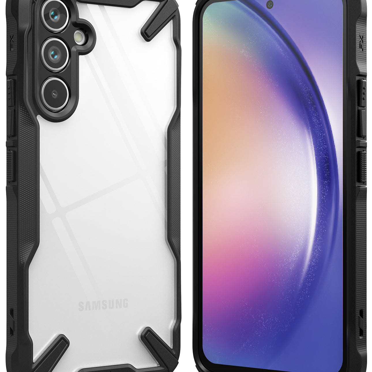 Galaxy A54 Case | Fusion-X - Three Galaxy A54 phones in rugged black Fusion-X cases arranged on a dark surface.
