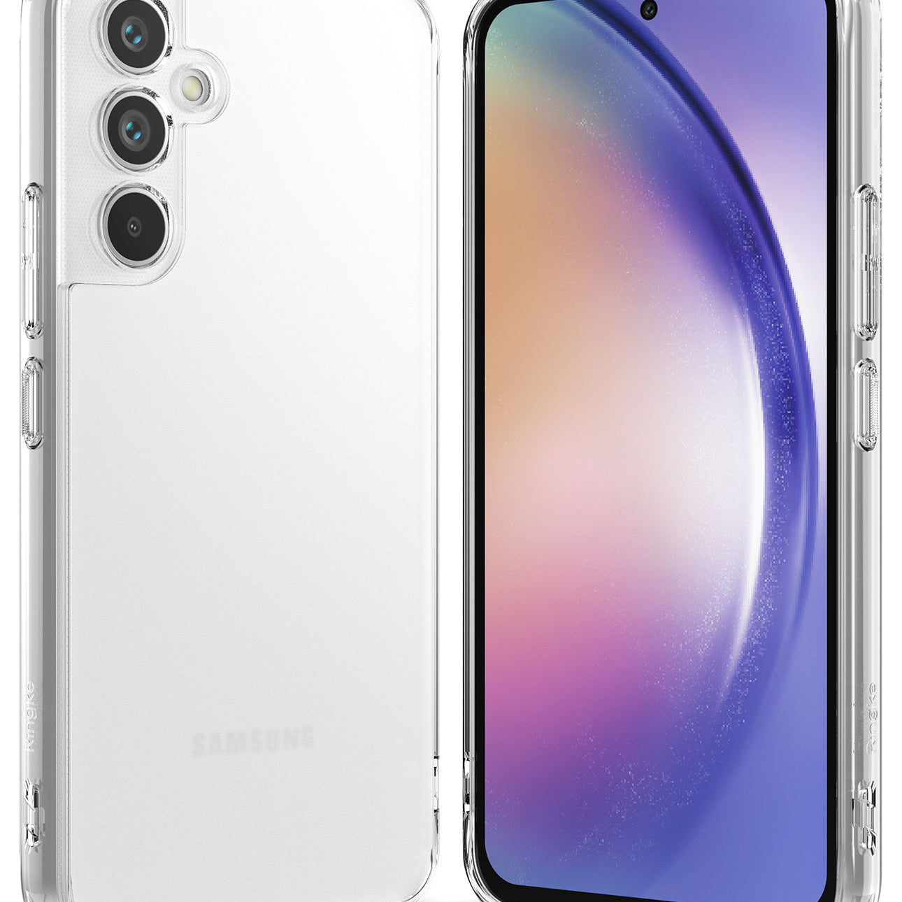 Galaxy A54 Case | Fusion - Clear phone case floating with a Galaxy A54 phone amidst abstract glass spheres.