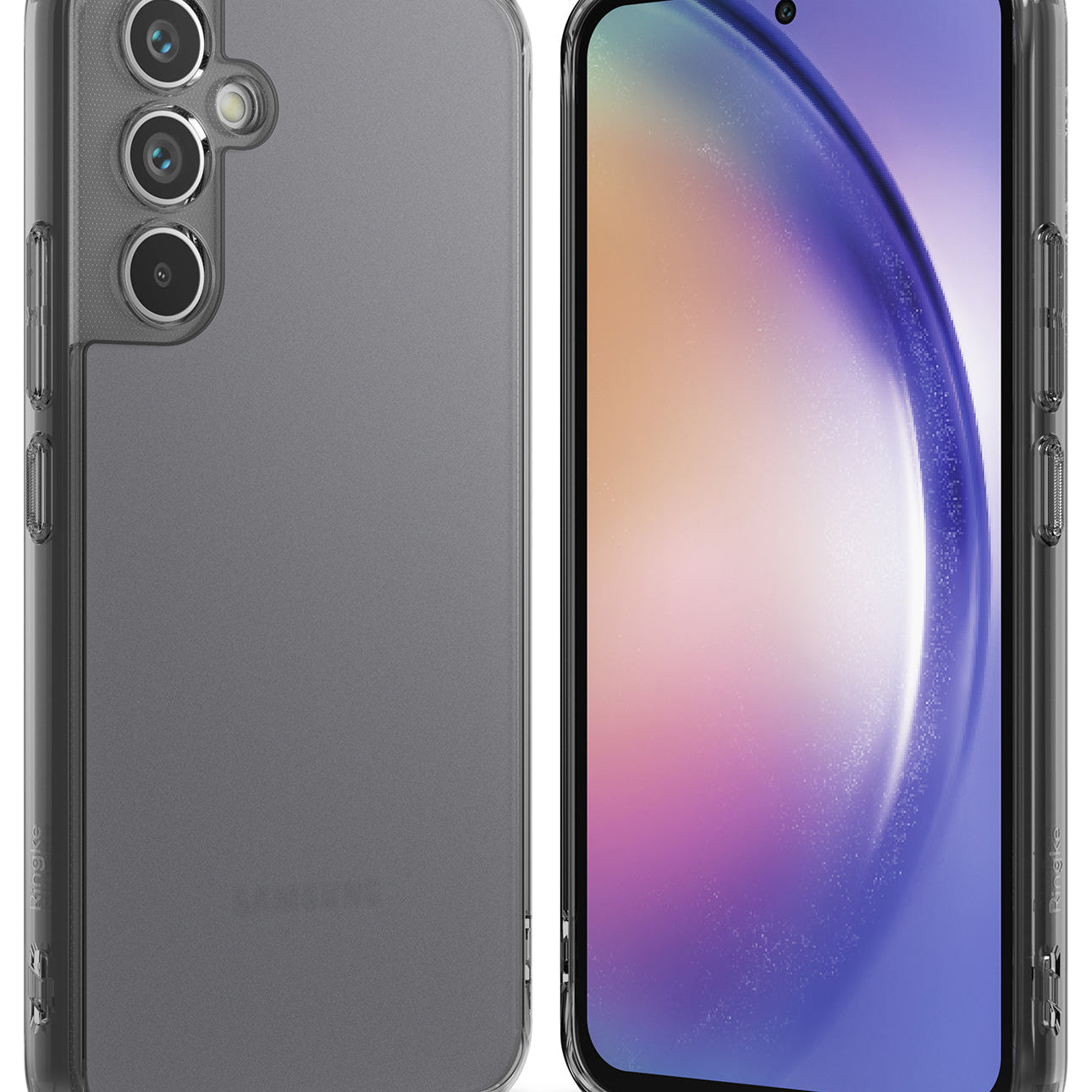 Galaxy A54 Case | Fusion - Clear phone case floating with a Galaxy A54 5G phone against a background of glass spheres.