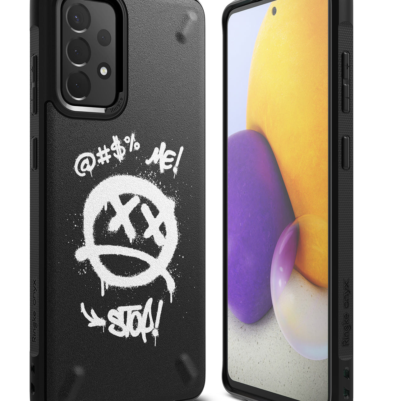 Galaxy A72 Case | Onyx Design - Black phone case with white graffiti-style smiley face and text on the back, shown with phone front.