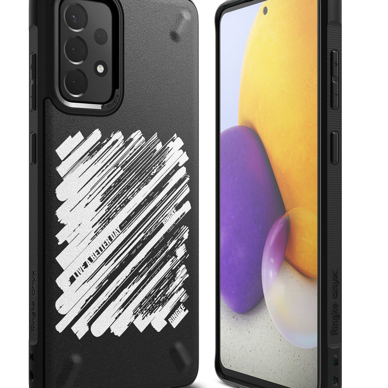 Galaxy A72 Case | Onyx Design - Black phone case with white brushstroke art and text on back, shown from front and rear.