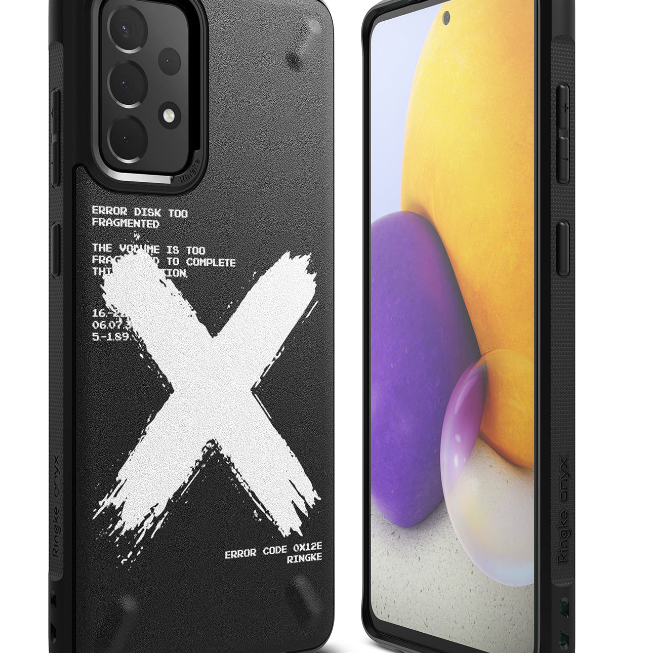 Galaxy A72 Case | Onyx Design - Black phone case with a white brushstroke X and technical text on the back.