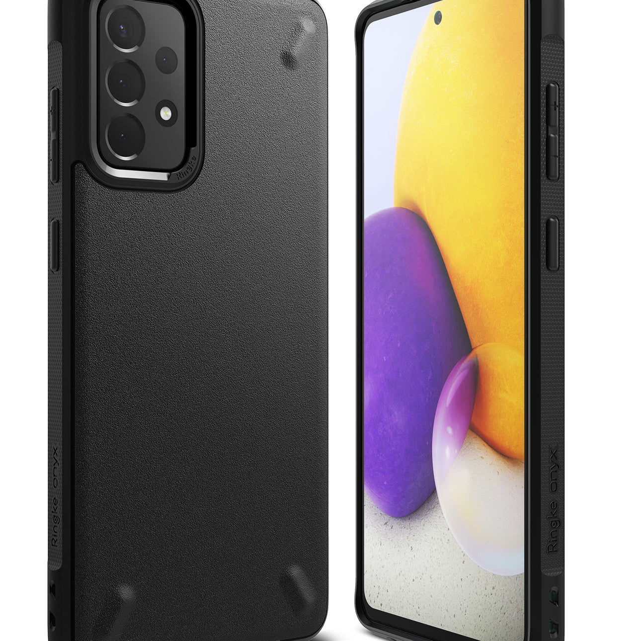Galaxy A72 Case | Onyx - Matte black protective phone case shown from back and front angles with a colorful screen display.