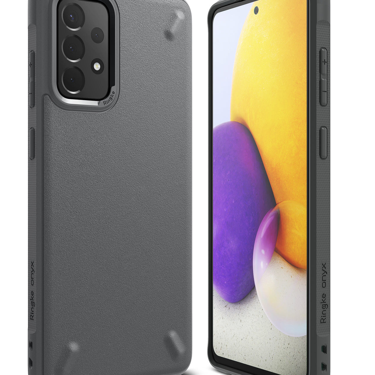 Galaxy A72 Case | Onyx - Matte black protective phone case shown from back and front angles with a colorful screen display.