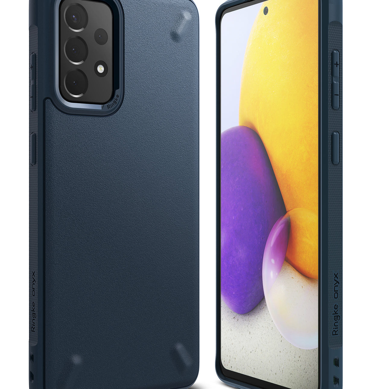Galaxy A72 Case | Onyx - Navy blue textured protective phone case shown from the back and front with a colorful screen.