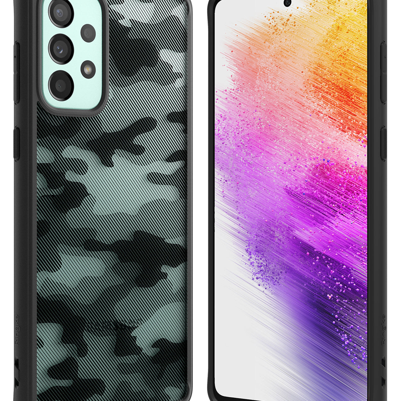 Galaxy A73 5G Case | Fusion - Black camouflage phone case with a textured back and a vibrant, colorful abstract screen display.