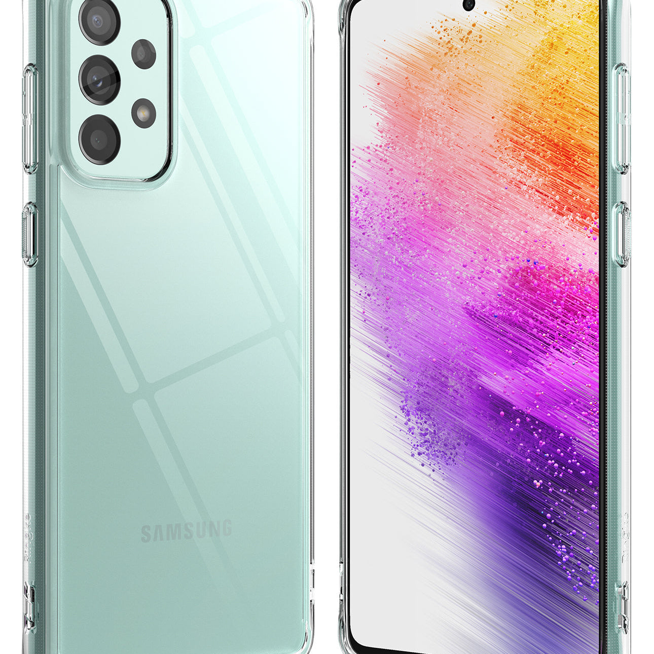 Galaxy A73 5G Case | Fusion - Clear protective case on a mint green Samsung Galaxy A73 5G showing front and back views.