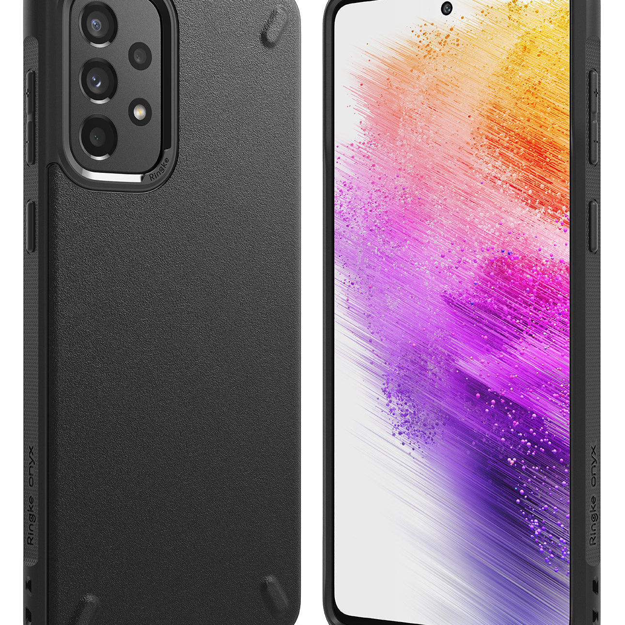 Galaxy A73 5G Case | Onyx - Matte black textured phone case for Galaxy A73 5G on a dark surface with branding and accessories.