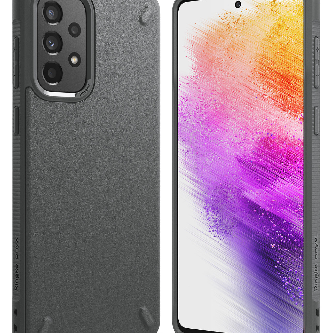 Galaxy A73 5G Case | Onyx - Matte black textured phone case for Galaxy A73 5G on a dark surface with branding and earbuds.