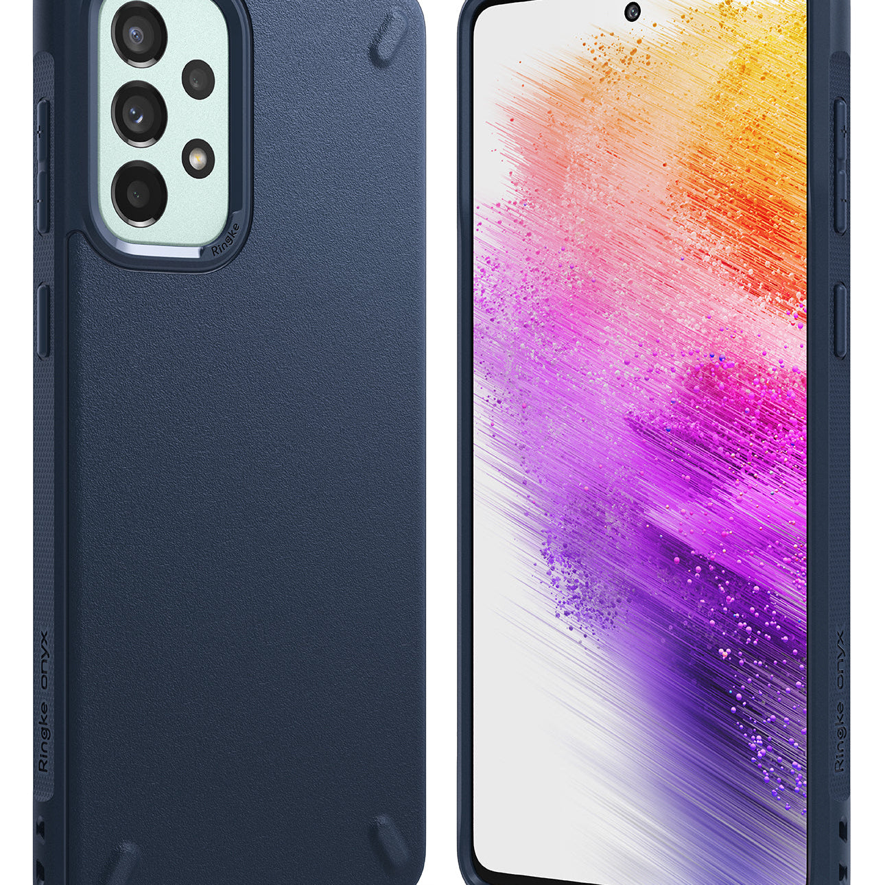 Galaxy A73 5G Case | Onyx - Matte black textured phone case for Galaxy A73 5G on a dark surface with branding and accessories.