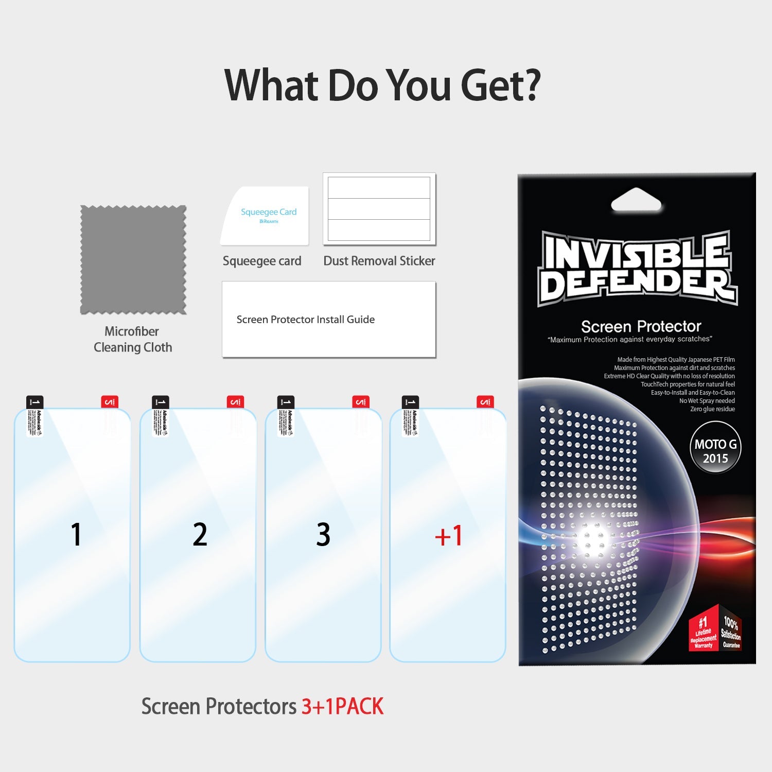 Moto G 2015 (3rd Gen.) Screen Protector | Film - Four screen protectors, cleaning cloth, squeegee, and guide in a pack.