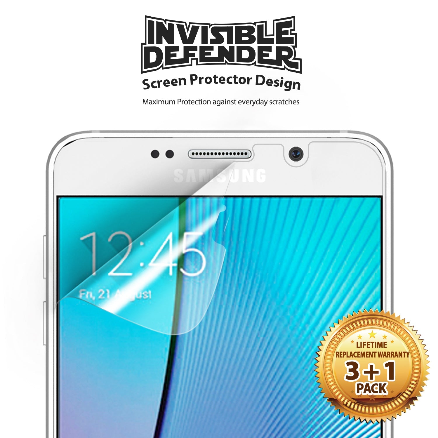 Galaxy Note 5 Screen Protector | Film - Galaxy Note 5 Screen Protector - Invisible Defender film being applied to a Samsung phone with a 3+1 pack warranty seal.