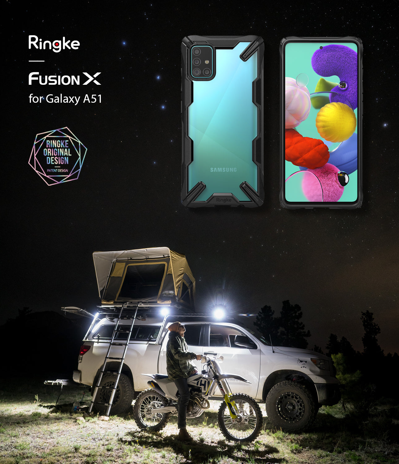 Galaxy A51 Case | Fusion-X - Black Fusion-X case on a Galaxy A51 phone against a night sky and camping scene with a dirt bike.