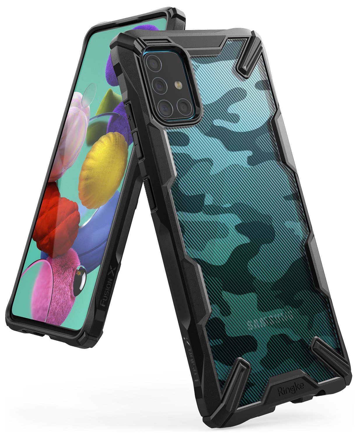 Galaxy A51 Case | Fusion-X - Black rugged phone case with a blue camouflage back panel shown from front and rear angles.