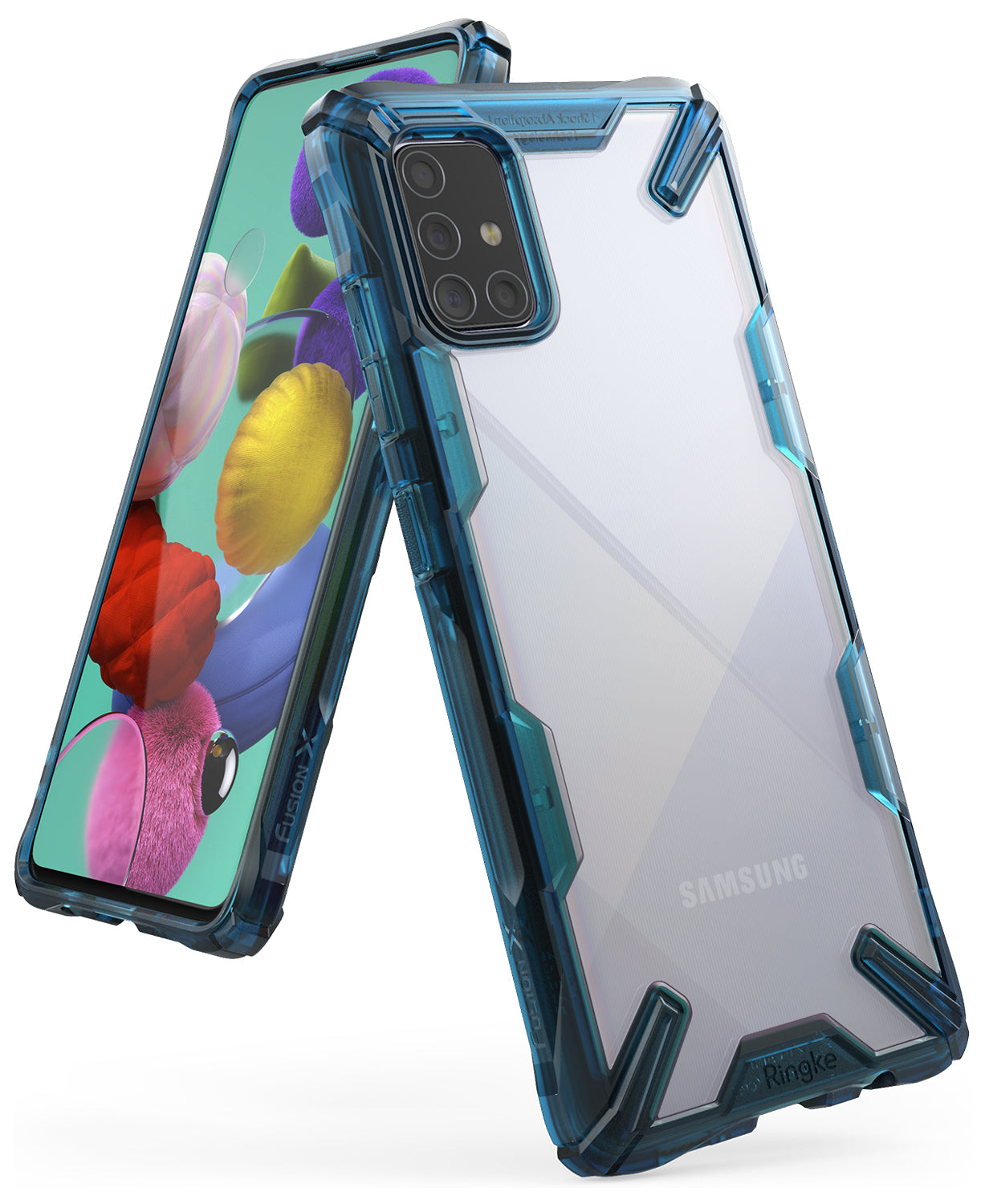 Galaxy A71 Case | Fusion-X - Transparent phone case with blue reinforced edges and corner bumpers for Samsung Galaxy A71.