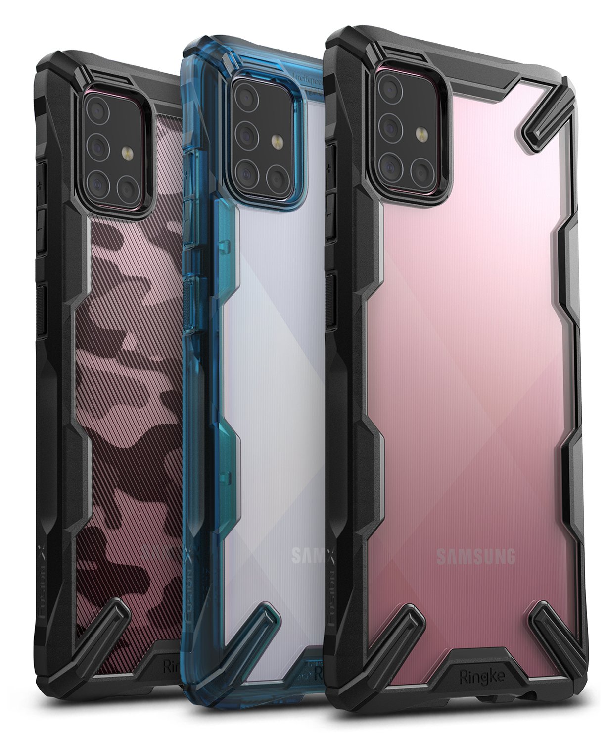 Galaxy A71 Case | Fusion-X - Three Galaxy A71 phones in rugged, transparent Fusion-X cases with camo, blue, and pink back designs.