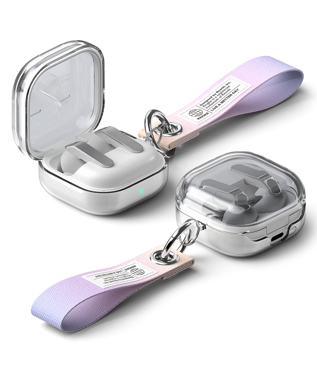 Samsung Galaxy Buds On / 4 Pro / 4 Case | Air - Clear protective case on Samsung earbuds with a lavender and peach fabric keychain.