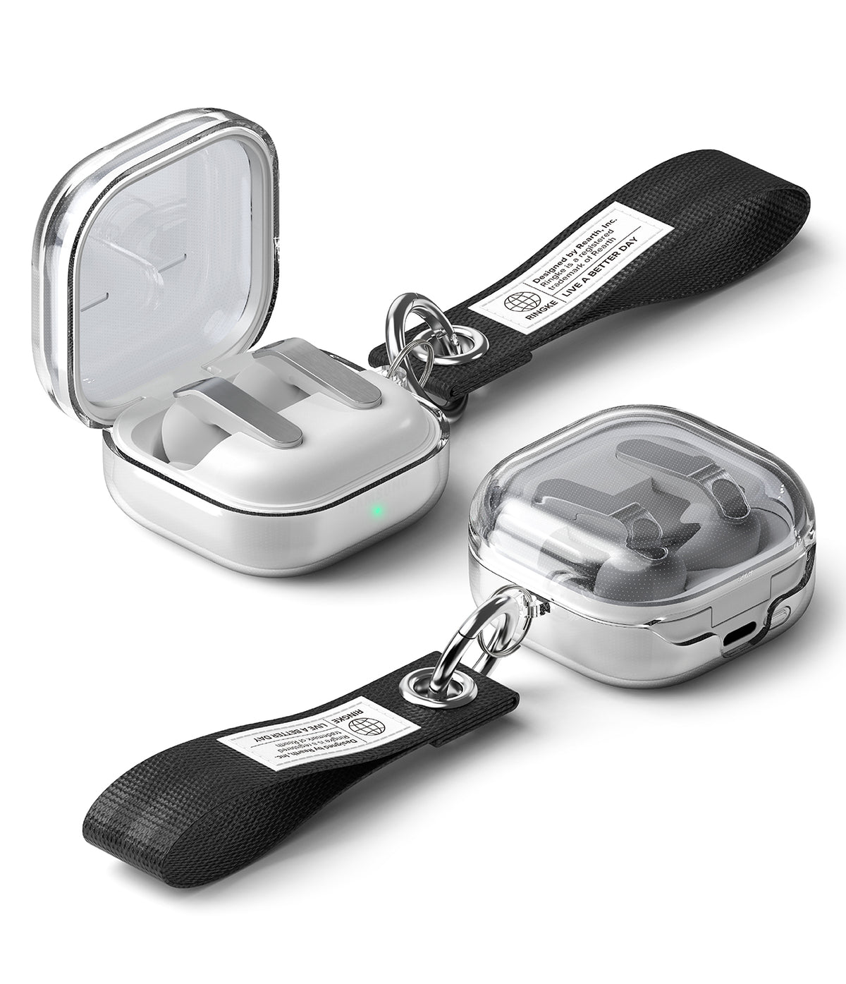 Samsung Galaxy Buds On / 4 Pro / 4 Case | Air - Clear protective case for Samsung earbuds with a black fabric wrist strap keychain.