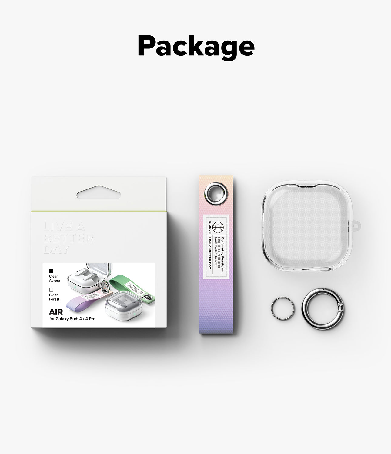 Galaxy Buds 4 Pro / 4 Case | Air - Packaging box, gradient fabric strap, clear protective case, and metal key ring.