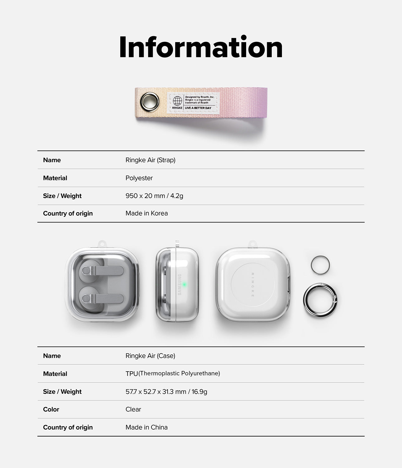 Galaxy Buds 4 Pro / 4 Case | Air - Product information chart for Ringke Air strap and clear case with specifications.