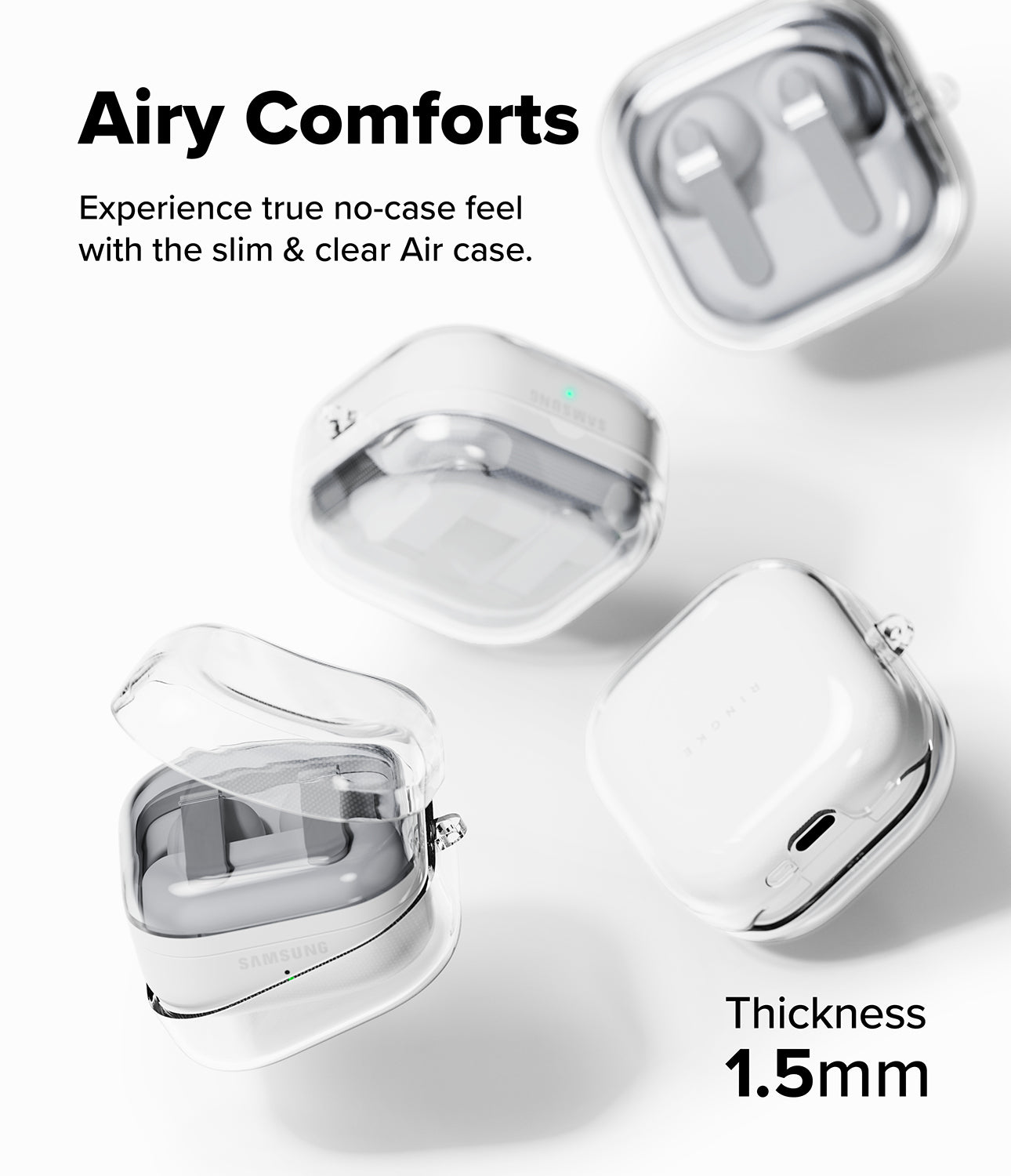 Galaxy Buds 4 Pro / 4 Case | Air - Clear, slim protective cases shown from multiple angles on Galaxy Buds charging cases.