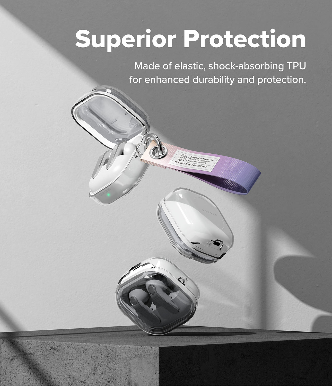 Galaxy Buds 4 Pro / 4 Case | Air - Clear TPU cases for Galaxy Buds floating above a pedestal with a purple wrist strap.