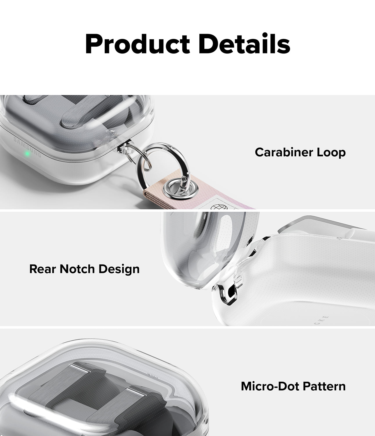 Galaxy Buds 4 Pro / 4 Case | Air - Close-ups showing carabiner loop, rear notch design, and interior micro-dot pattern.