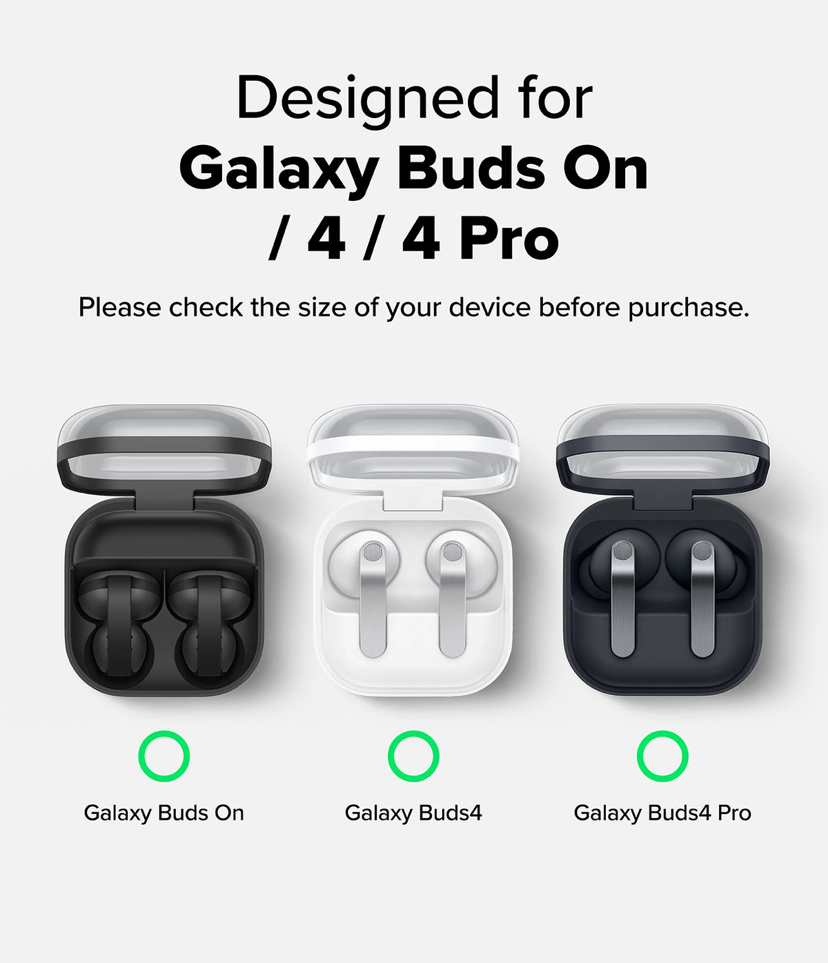 Samsung Galaxy Buds On / 4 Pro / 4 Case | Air - Open white charging case with earbuds inside, text confirming device compatibility.
