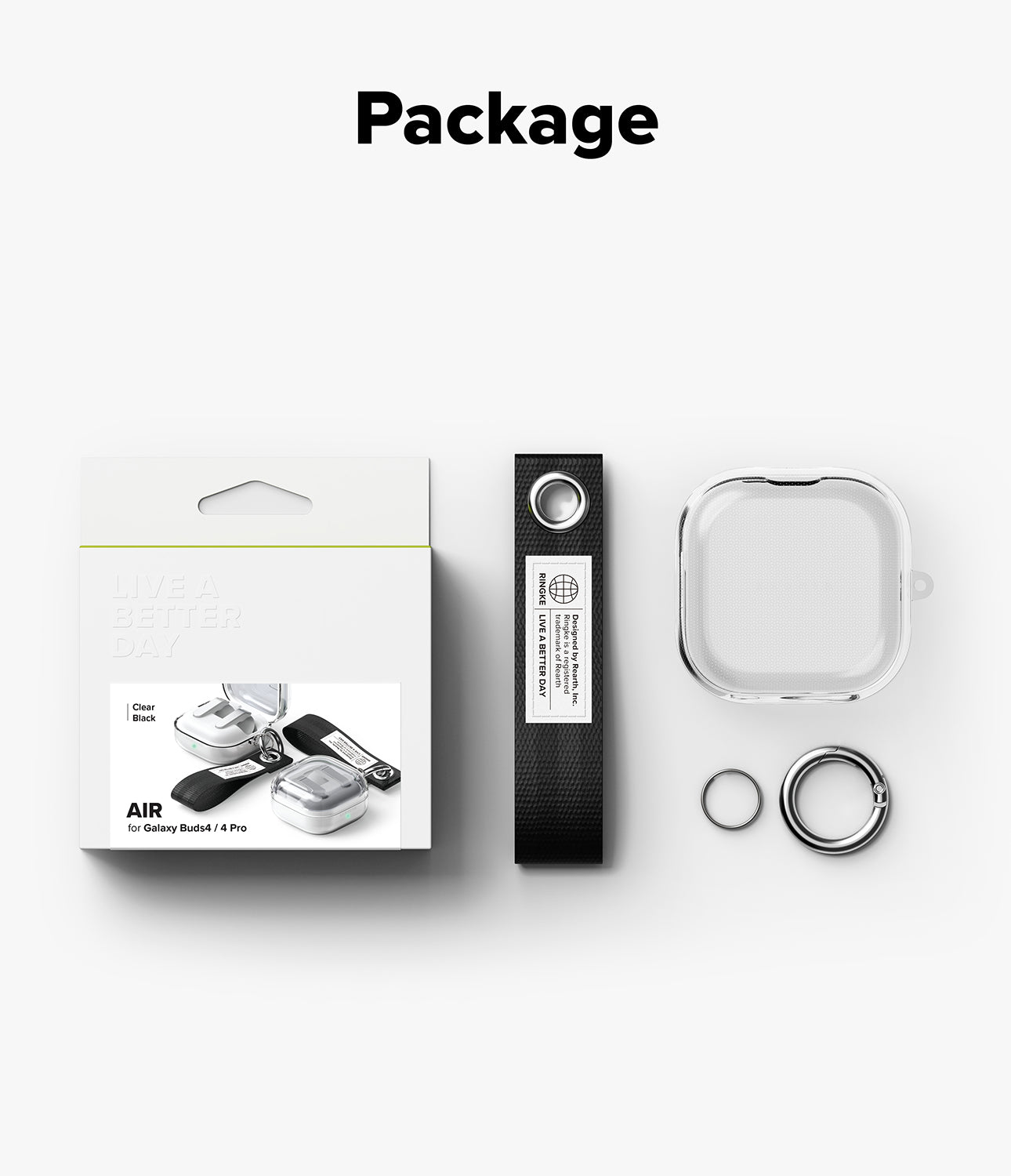 Galaxy Buds 4 Pro / 4 Case | Air - Packaging, clear protective case, black fabric strap, and metal rings on white background.