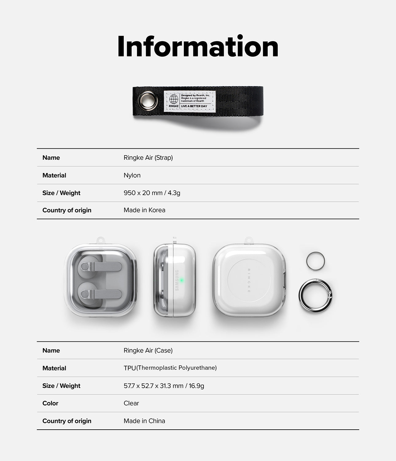 Galaxy Buds 4 Pro / 4 Case | Air - Product information chart for Ringke Air strap and clear case with technical specifications.