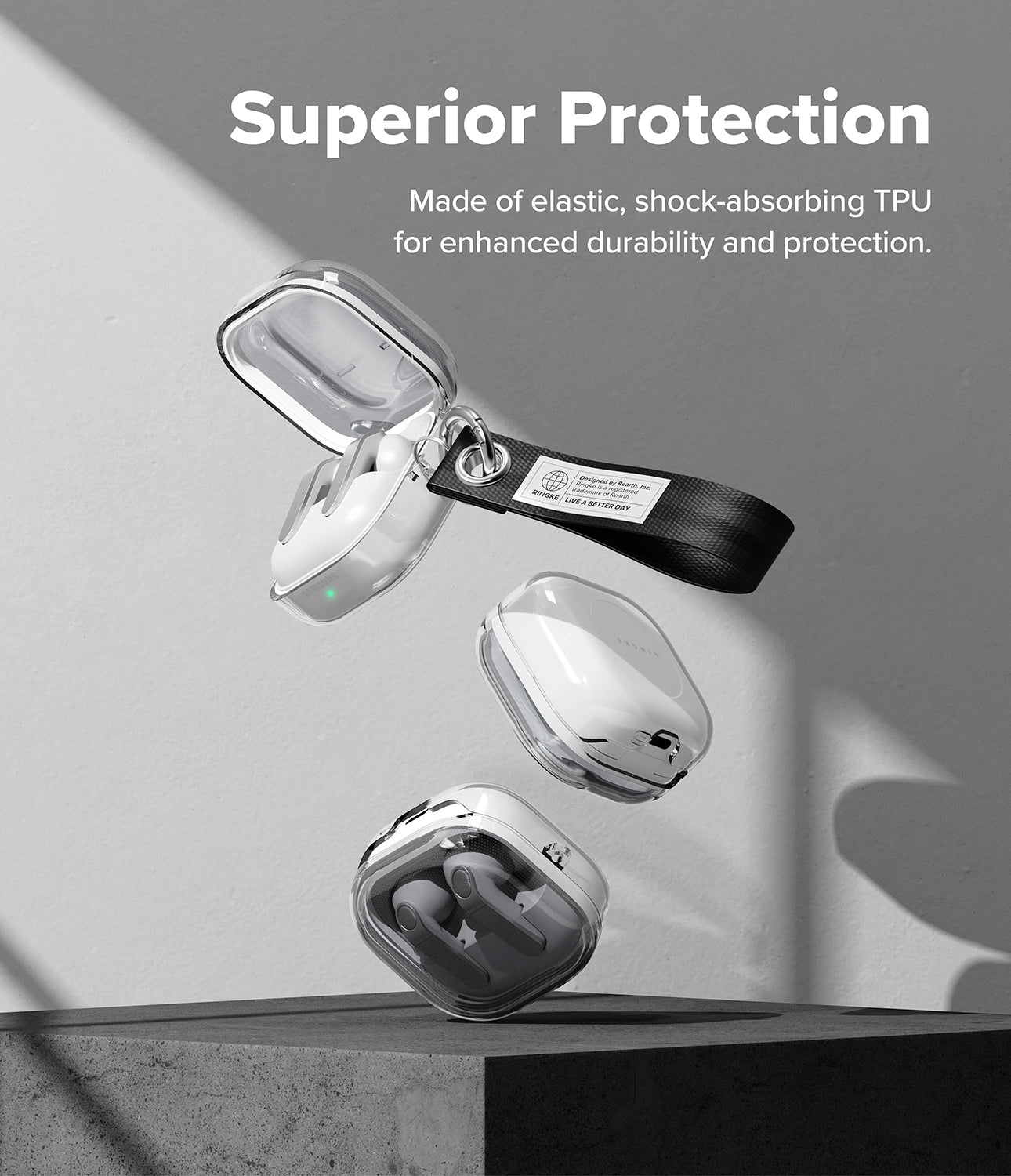 Galaxy Buds 4 Pro / 4 Case | Air - Clear TPU protective cases for Galaxy Buds floating with a black branded strap.