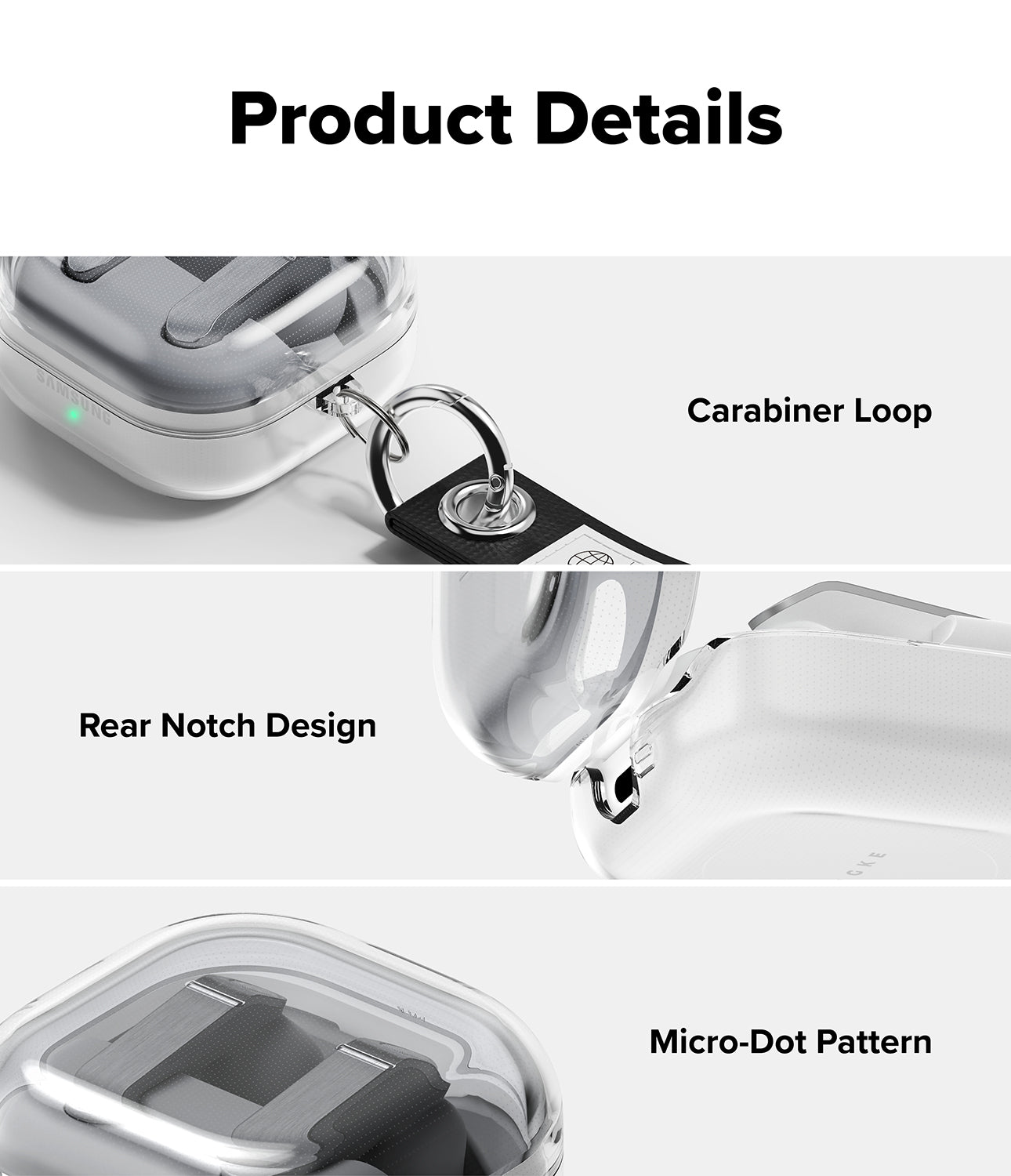Galaxy Buds 4 Pro / 4 Case | Air - Close-ups showing carabiner loop, rear notch design, and micro-dot pattern on clear case.