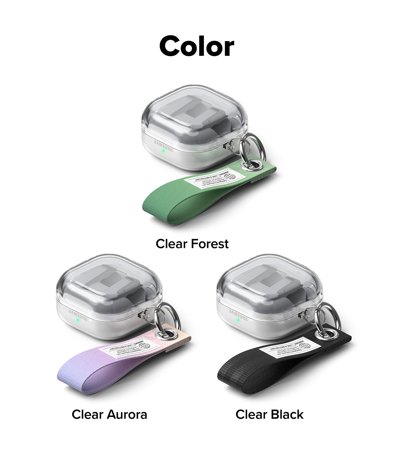 Galaxy Buds 4 Pro / 4 Case | Air - Three clear Samsung earbud cases with green, purple, and black fabric wrist straps.