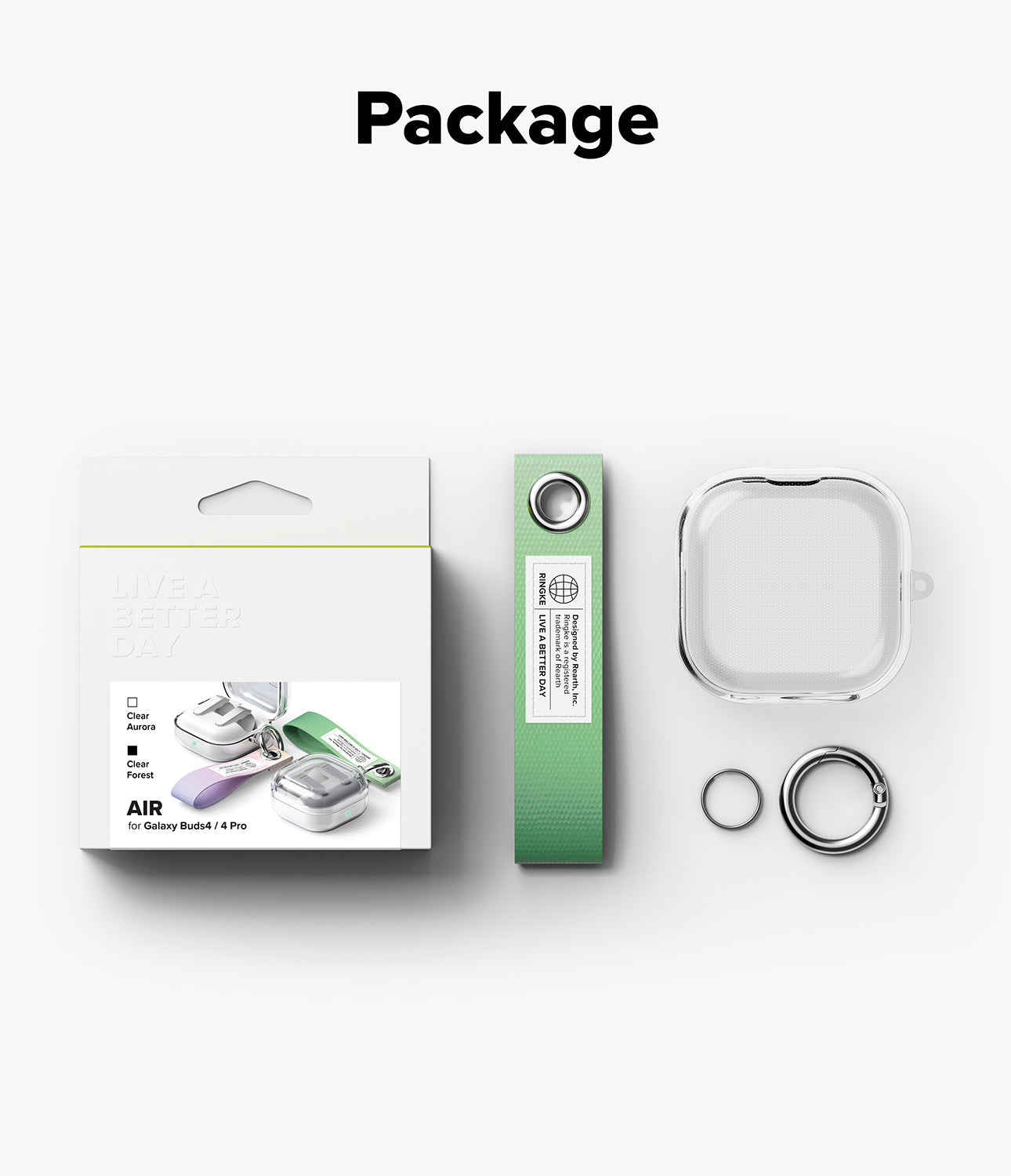 Galaxy Buds 4 Pro / 4 Case | Air - Packaging, clear protective case, green fabric strap, and metal rings on white background.