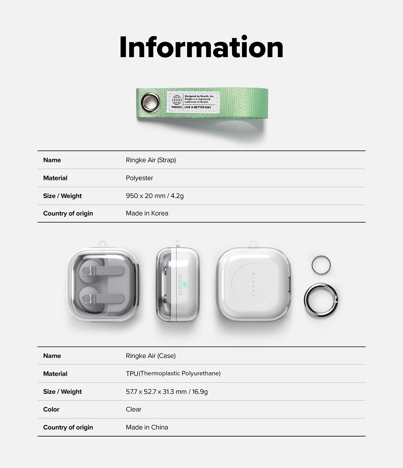 Galaxy Buds 4 Pro / 4 Case | Air - Product information chart for a green fabric strap and a clear protective earbud case.