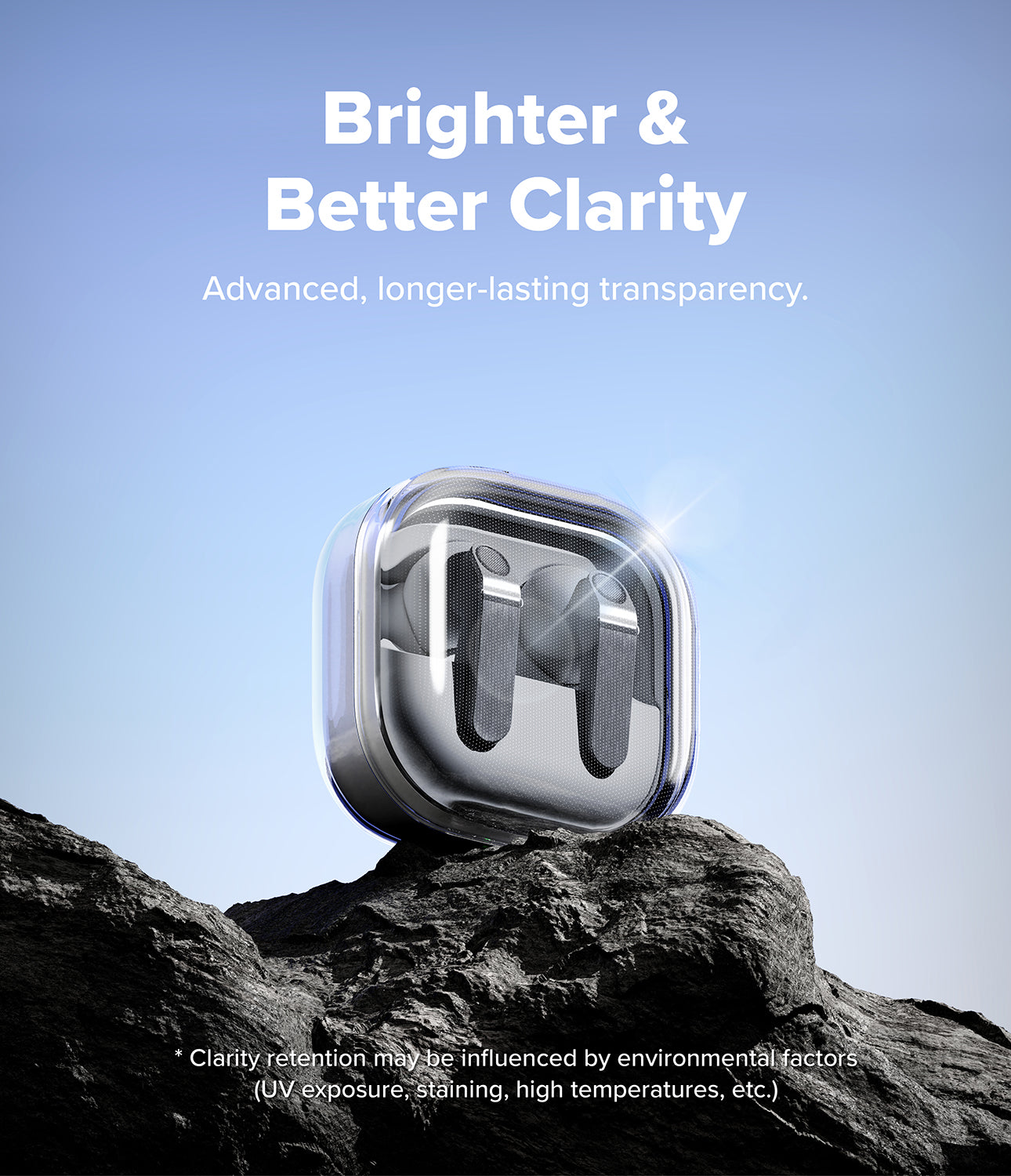 Galaxy Buds 4 Pro / 4 Case | Air - Clear protective case for Galaxy Buds resting on a dark rock against a blue sky.