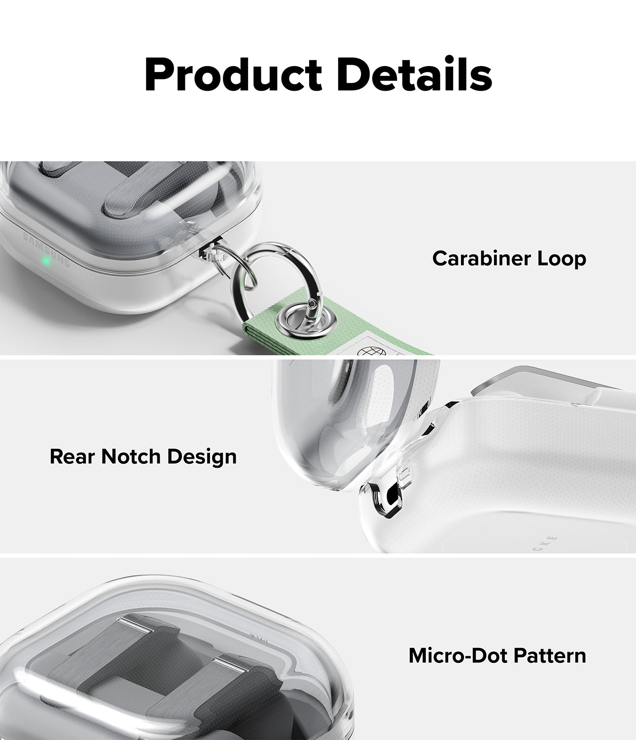 Galaxy Buds 4 Pro / 4 Case | Air - Close-ups showing a carabiner loop, rear hinge notch, and interior micro-dot pattern.