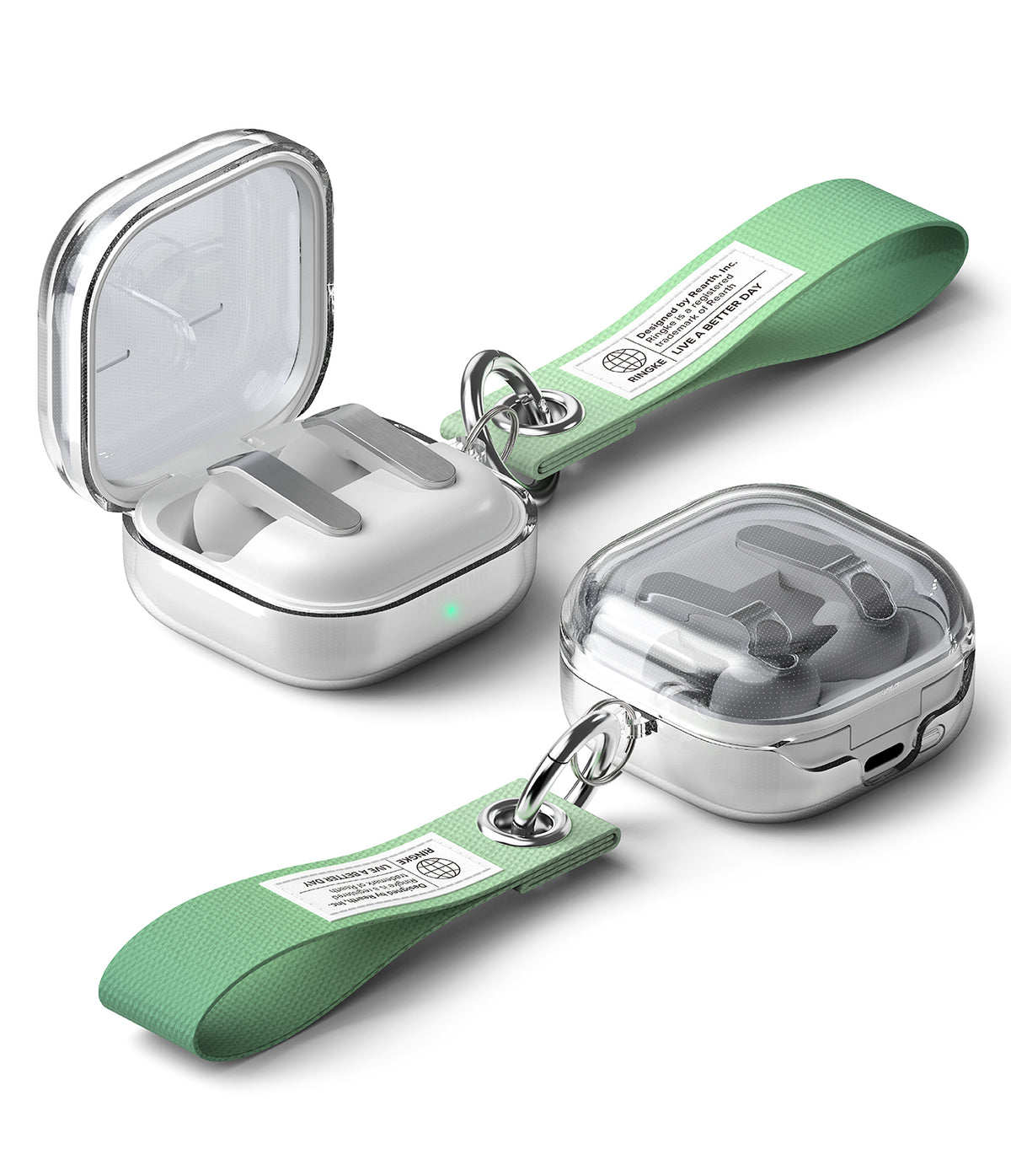 Samsung Galaxy Buds On / 4 Pro / 4 Case | Air - Clear protective case on Samsung earbuds with a sage green fabric wrist strap.
