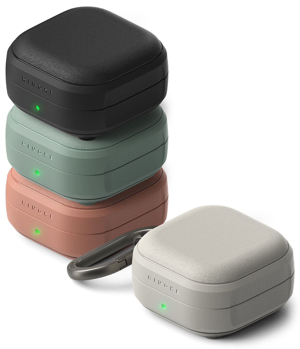 Stack of four electronic device cases in black, green, brown, and gray on a white background.
