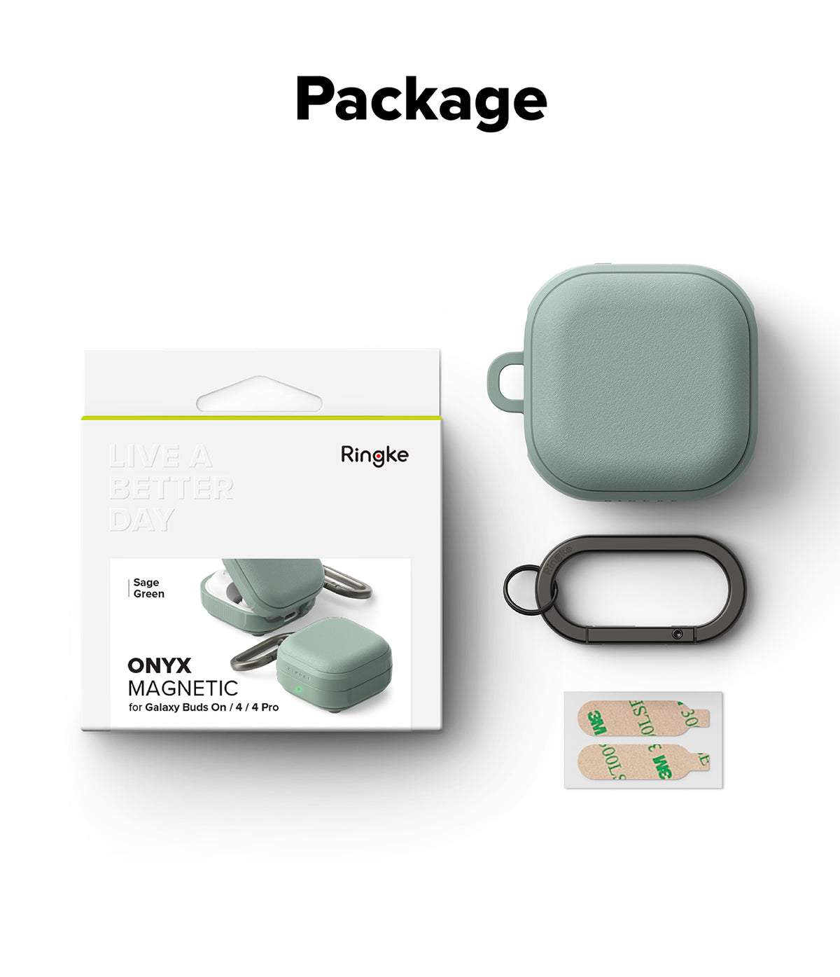Samsung Galaxy Buds On / 4 Pro / 4 Case | Onyx Magnetic - Sage green protective case, black carabiner, and adhesive strips.