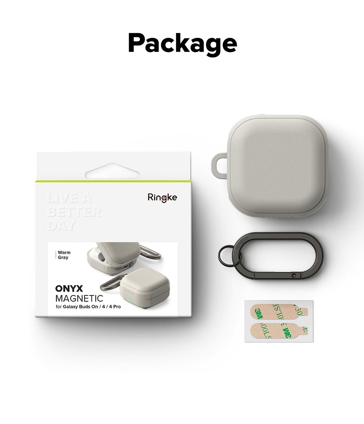 Samsung Galaxy Buds On / 4 Pro / 4 Case | Onyx Magnetic - Ringke case packaging, warm gray earbud case, carabiner, and adhesive strips.