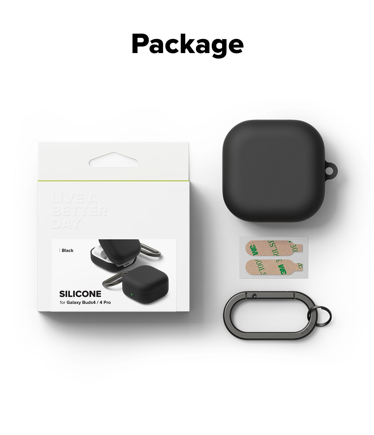 Galaxy Buds 4 Pro / 4 Case | Silicone - Packaging, black silicone case, adhesive strips, and a metal carabiner.