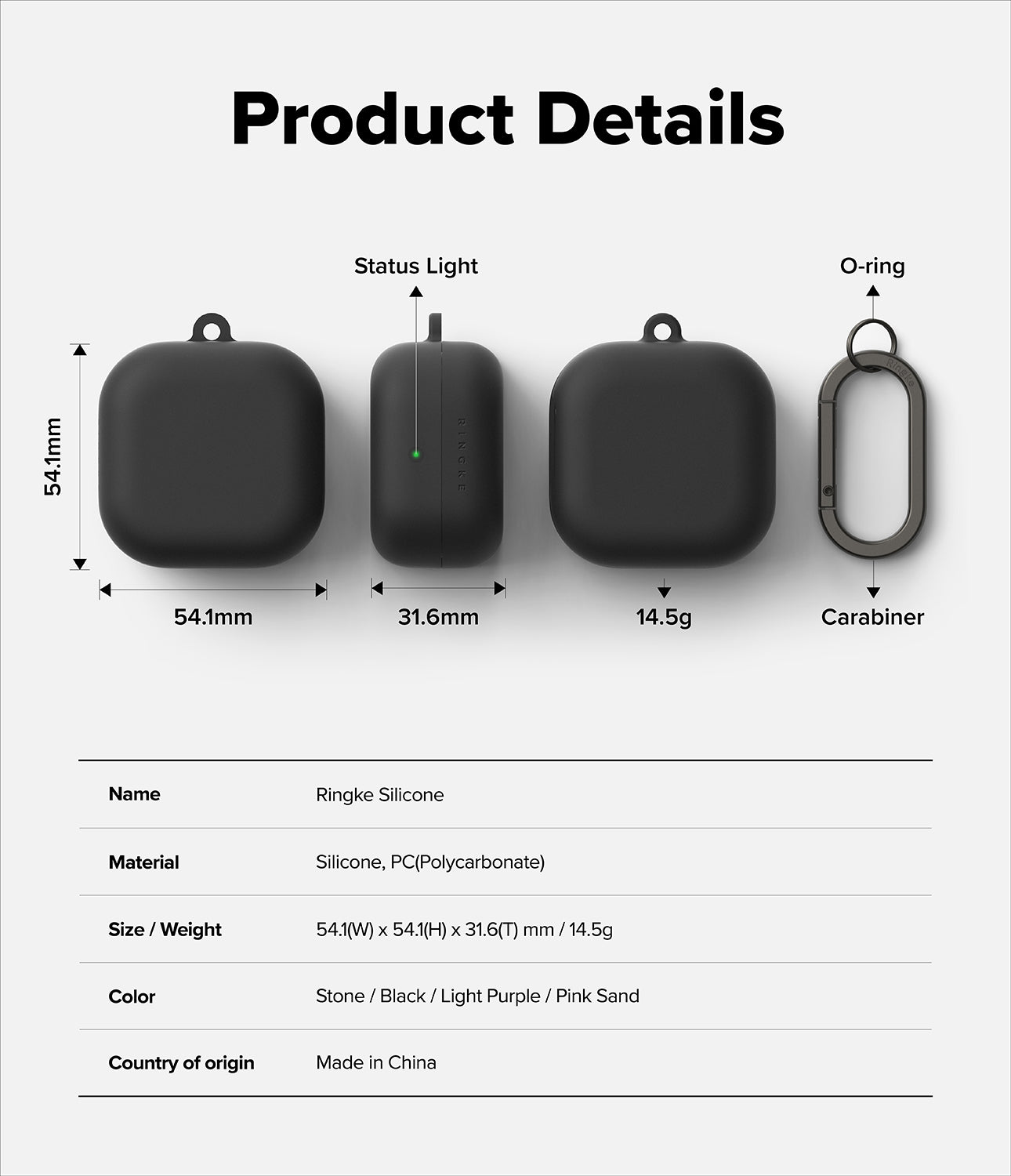 Galaxy Buds 4 Pro / 4 Case | Silicone - Technical diagram showing dimensions, weight, and features of the black case.