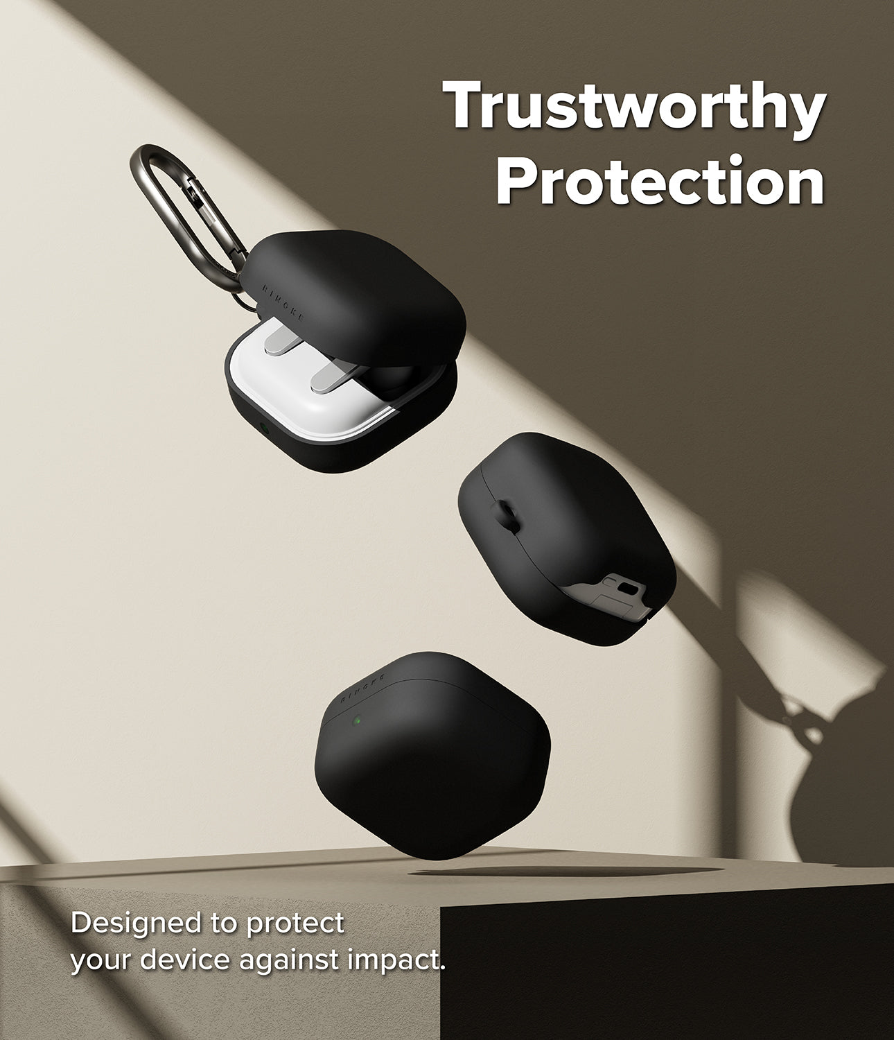 Galaxy Buds 4 Pro / 4 Case | Silicone - Three black silicone cases for Galaxy Buds floating above a platform.